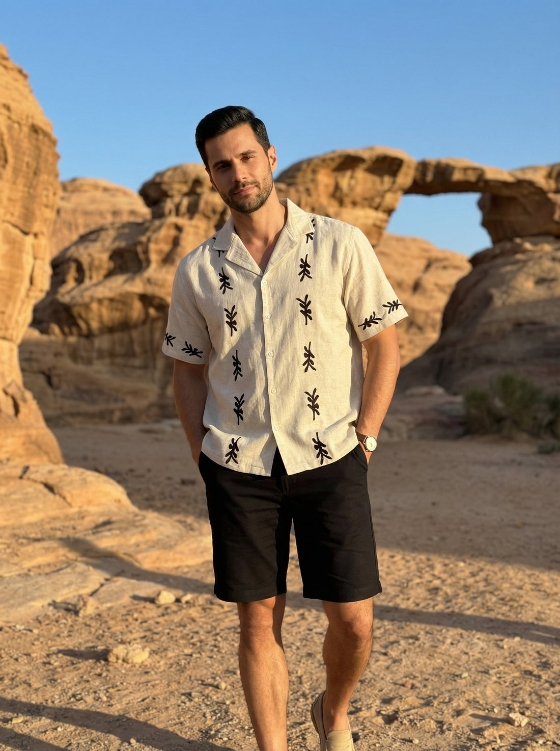 Off White Cuban Collar Block Print Cotton Men's Shirt