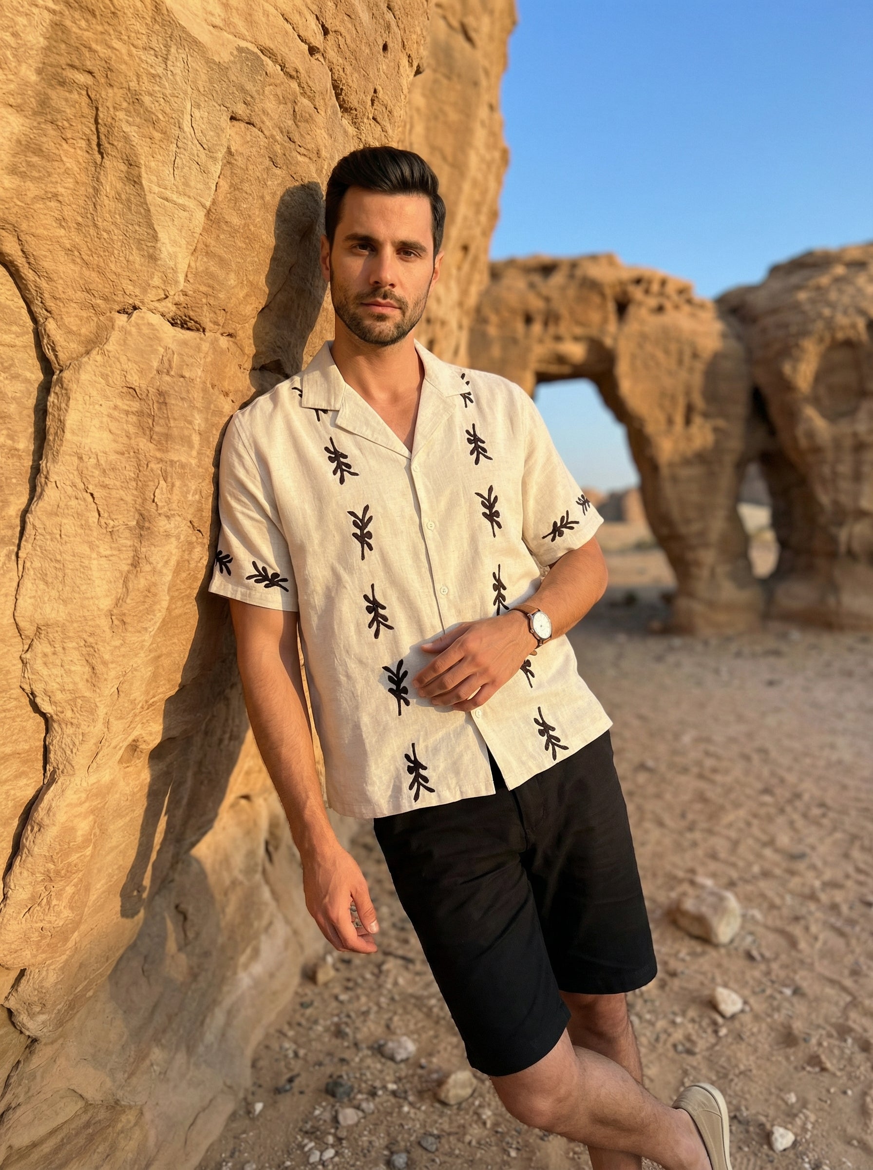 Off White Cuban Collar Block Print Cotton Men's Shirt