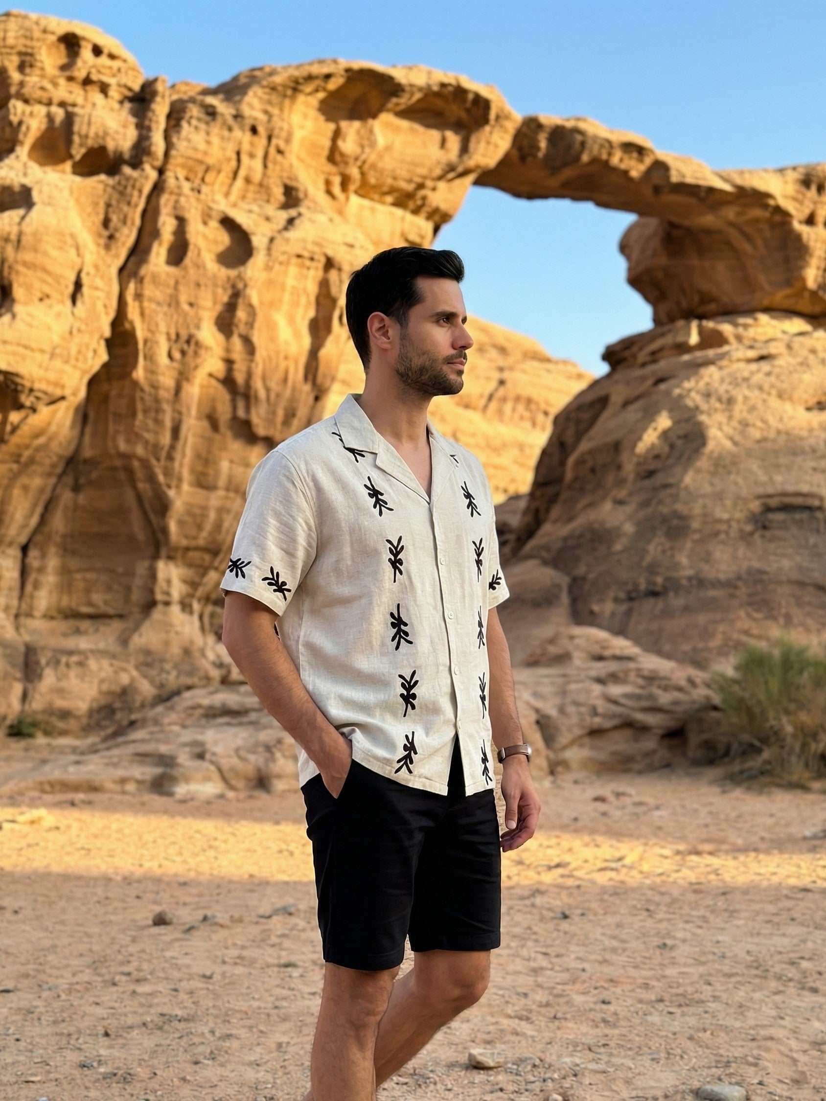 Off White Cuban Collar Block Print Cotton Men's Shirt