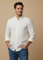 Off White Mandarin Collar Cotton Men's Shirt