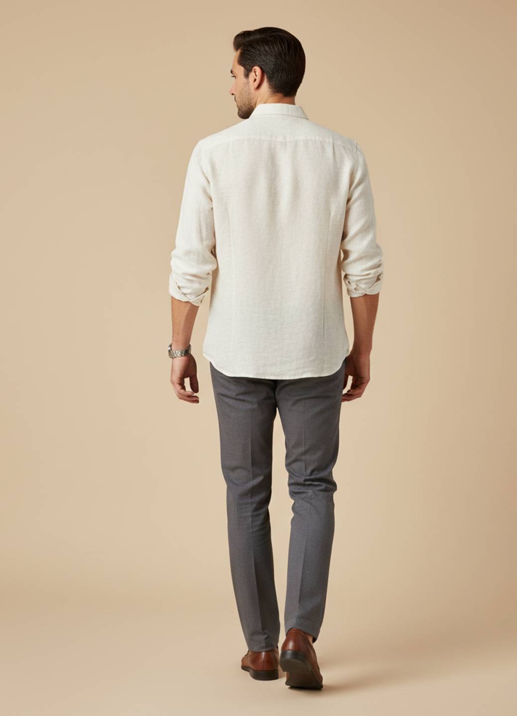 Off White Mandarin Collar Regular Fit Solid Cotton Men's Shirt