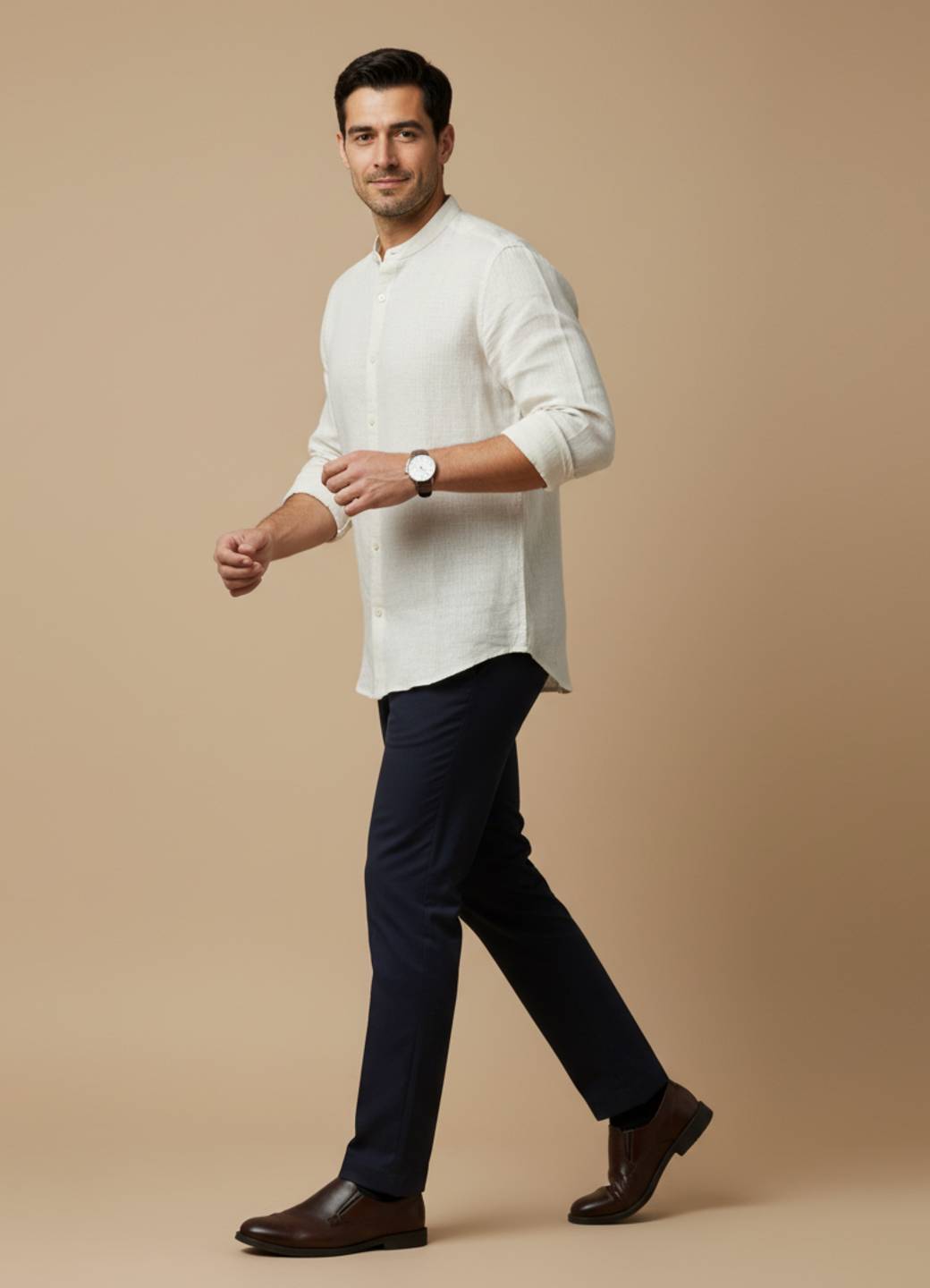 Off White Mandarin Collar Regular Fit Solid Cotton Men's Shirt