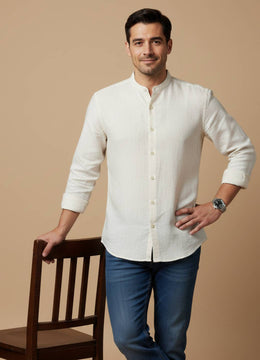 Off White Mandarin Collar Cotton Men's Shirt