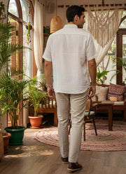 Off White Solid Band Collar Cotton Oversized Men's Shirt