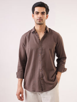 Taupe Solid Band Collar Full Sleeve Cotton Men's Shirt