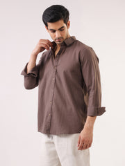 Taupe Solid Band Collar Full Sleeve Cotton Men's Shirt