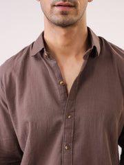 Taupe Solid Band Collar Full Sleeve Cotton Men's Shirt