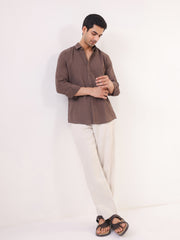 Taupe Solid Band Collar Full Sleeve Cotton Men's Shirt