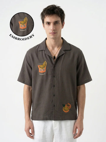 Coffee Brown Cuban Collar Embroidered Cotton Casual Men's Shirt