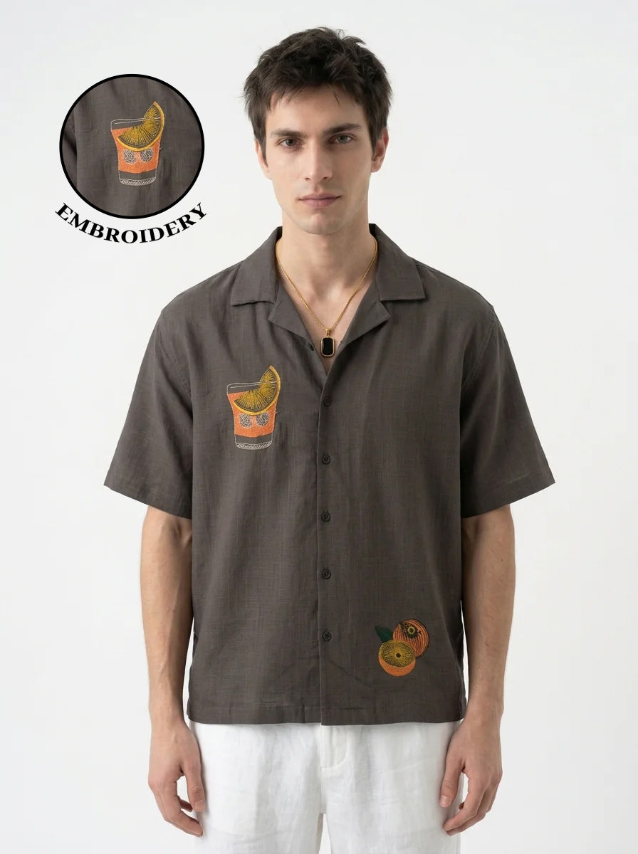 Coffee Brown Cuban Collar Embroidered Cotton Casual Men's Shirt
