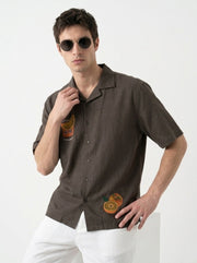 Coffee Brown Cuban Collar Embroidered Cotton Casual Men's Shirt
