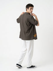 Coffee Brown Cuban Collar Embroidered Cotton Casual Men's Shirt