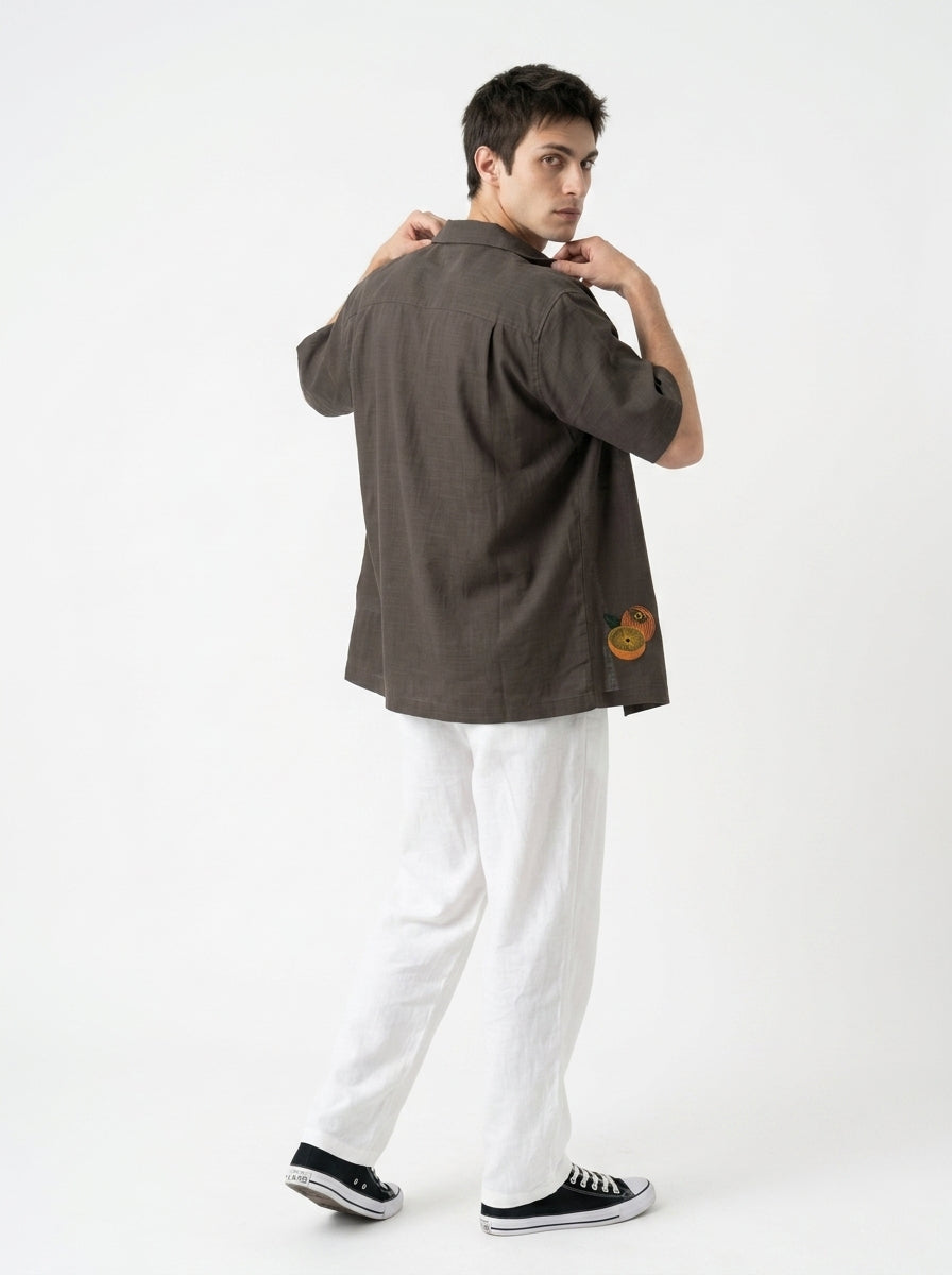 Coffee Brown Cuban Collar Embroidered Cotton Casual Shirt For Men's