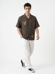 Coffee Brown Cuban Collar Embroidered Cotton Casual Men's Shirt