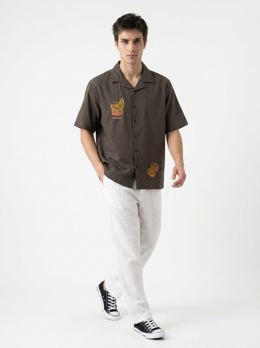 Coffee Brown Cuban Collar Embroidered Cotton Casual Shirt For Men's
