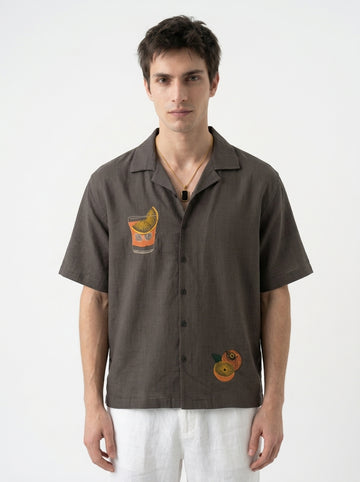 Coffee Brown Cuban Collar Embroidered Cotton Casual Shirt For Men's