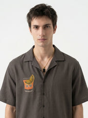 Coffee Brown Cuban Collar Embroidered Cotton Casual Men's Shirt