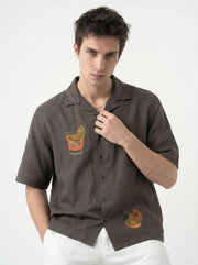 Coffee Brown Cuban Collar Embroidered Cotton Casual Men's Shirt