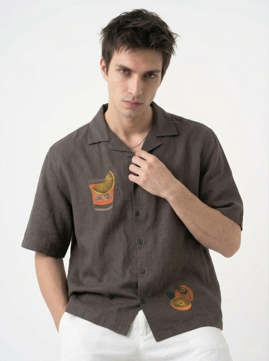 Coffee Brown Cuban Collar Embroidered Cotton Casual Shirt For Men's