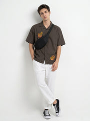 Coffee Brown Cuban Collar Embroidered Cotton Casual Men's Shirt