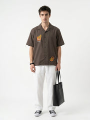 Coffee Brown Cuban Collar Embroidered Cotton Casual Men's Shirt