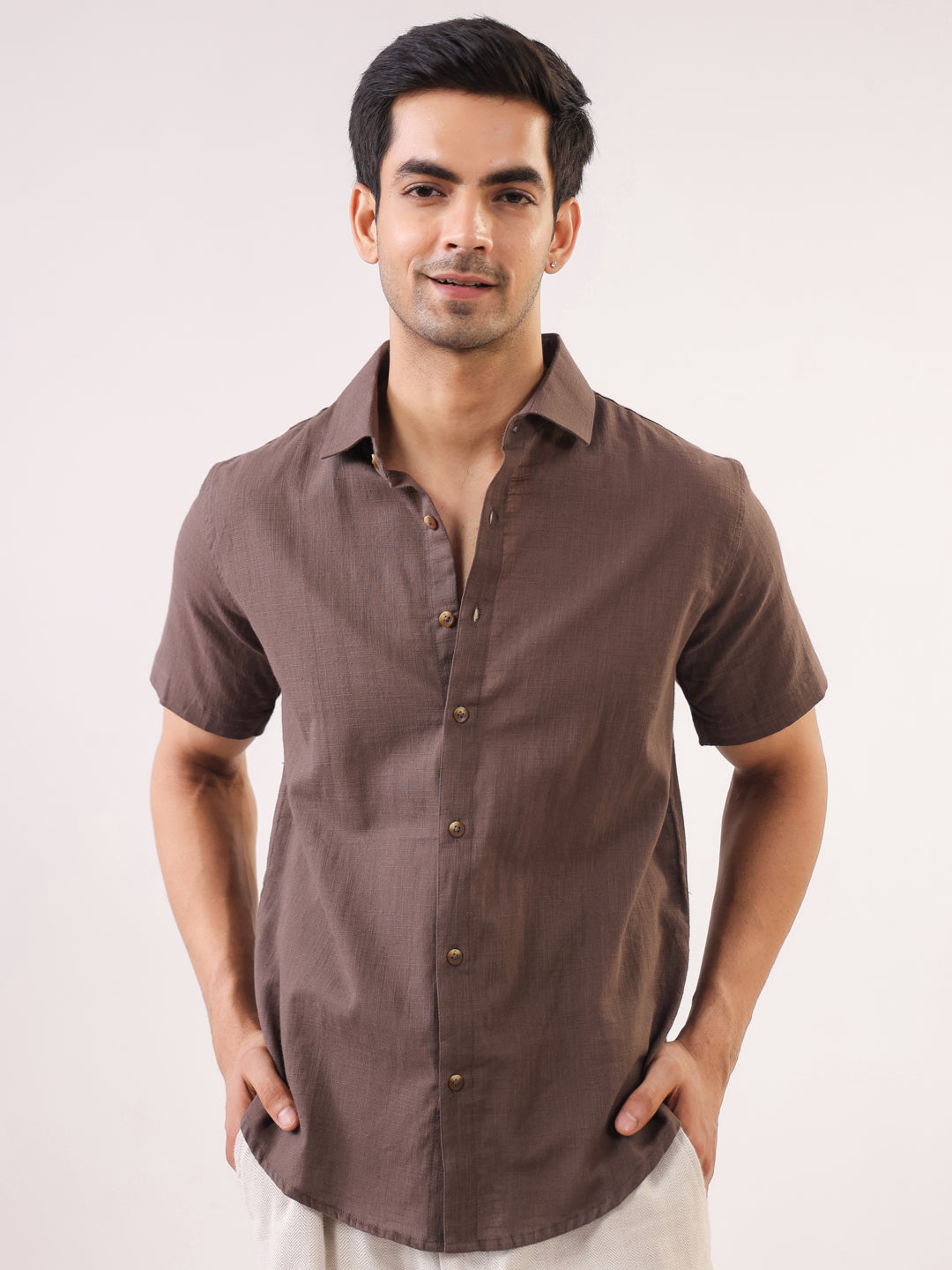 Taupe Solid Band Collar Regular Fit Cotton Men's Shirt