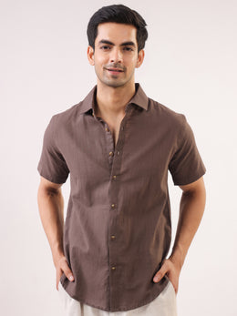 Taupe Band Collar Solid Cotton Men's Shirt