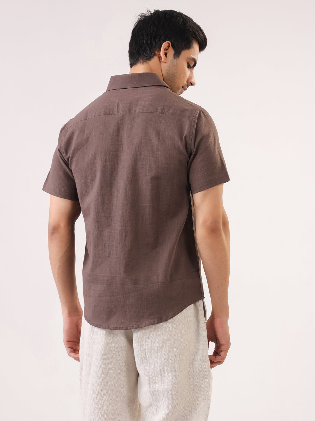 Taupe Solid Band Collar Regular Fit Cotton Men's Shirt