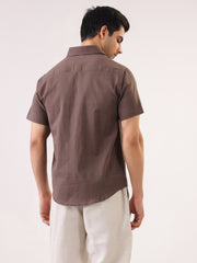 Taupe Band Collar Solid Cotton Men's Shirt