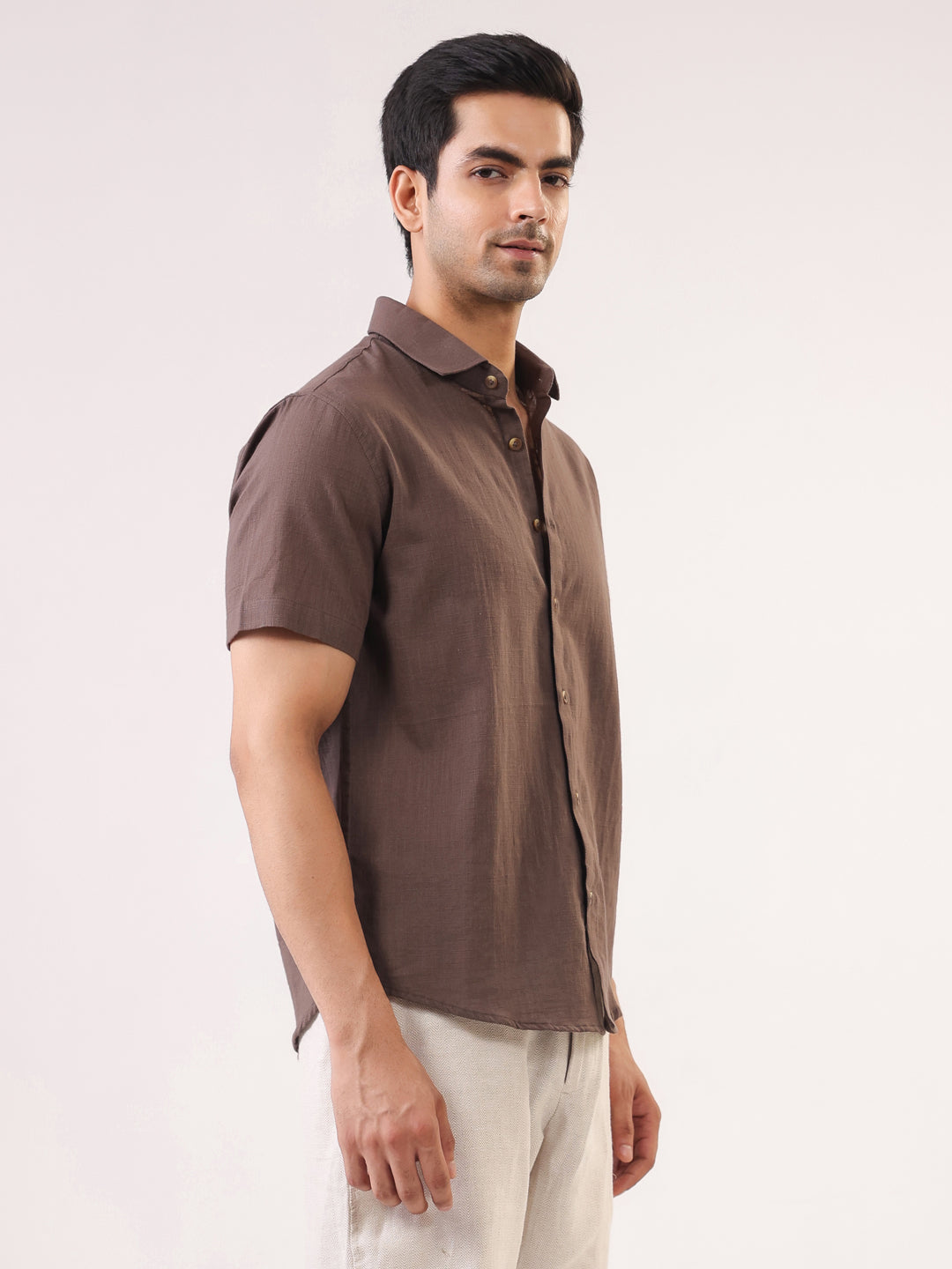 Taupe Solid Band Collar Regular Fit Cotton Men's Shirt