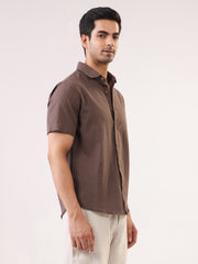 Taupe Band Collar Solid Cotton Men's Shirt