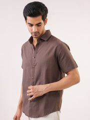 Taupe Band Collar Solid Cotton Men's Shirt