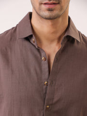 Taupe Band Collar Solid Cotton Men's Shirt