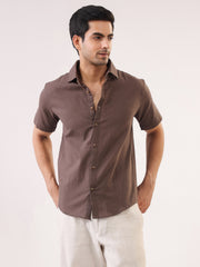 Taupe Band Collar Solid Cotton Men's Shirt