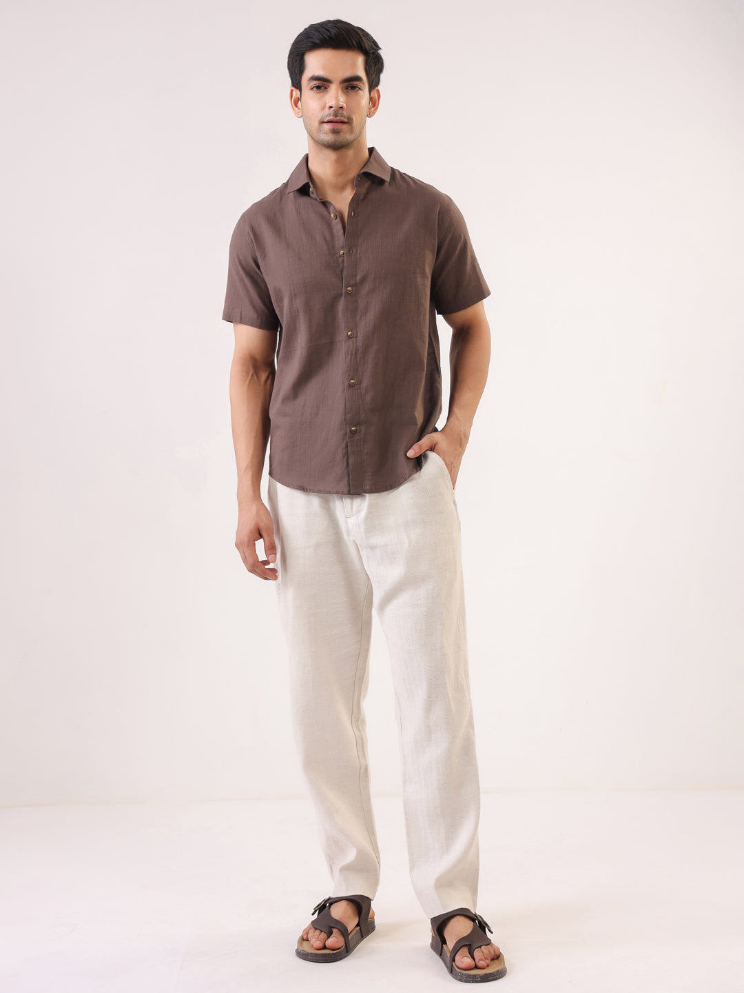 Taupe Solid Band Collar Regular Fit Cotton Men's Shirt