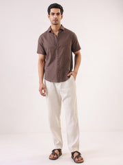 Taupe Band Collar Solid Cotton Men's Shirt