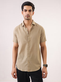 Beige Solid Band Collar Cotton Men's Shirt