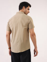 Beige Solid Band Collar Cotton Men's Shirt