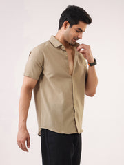 Beige Solid Band Collar Cotton Men's Shirt