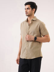 Beige Solid Band Collar Cotton Men's Shirt
