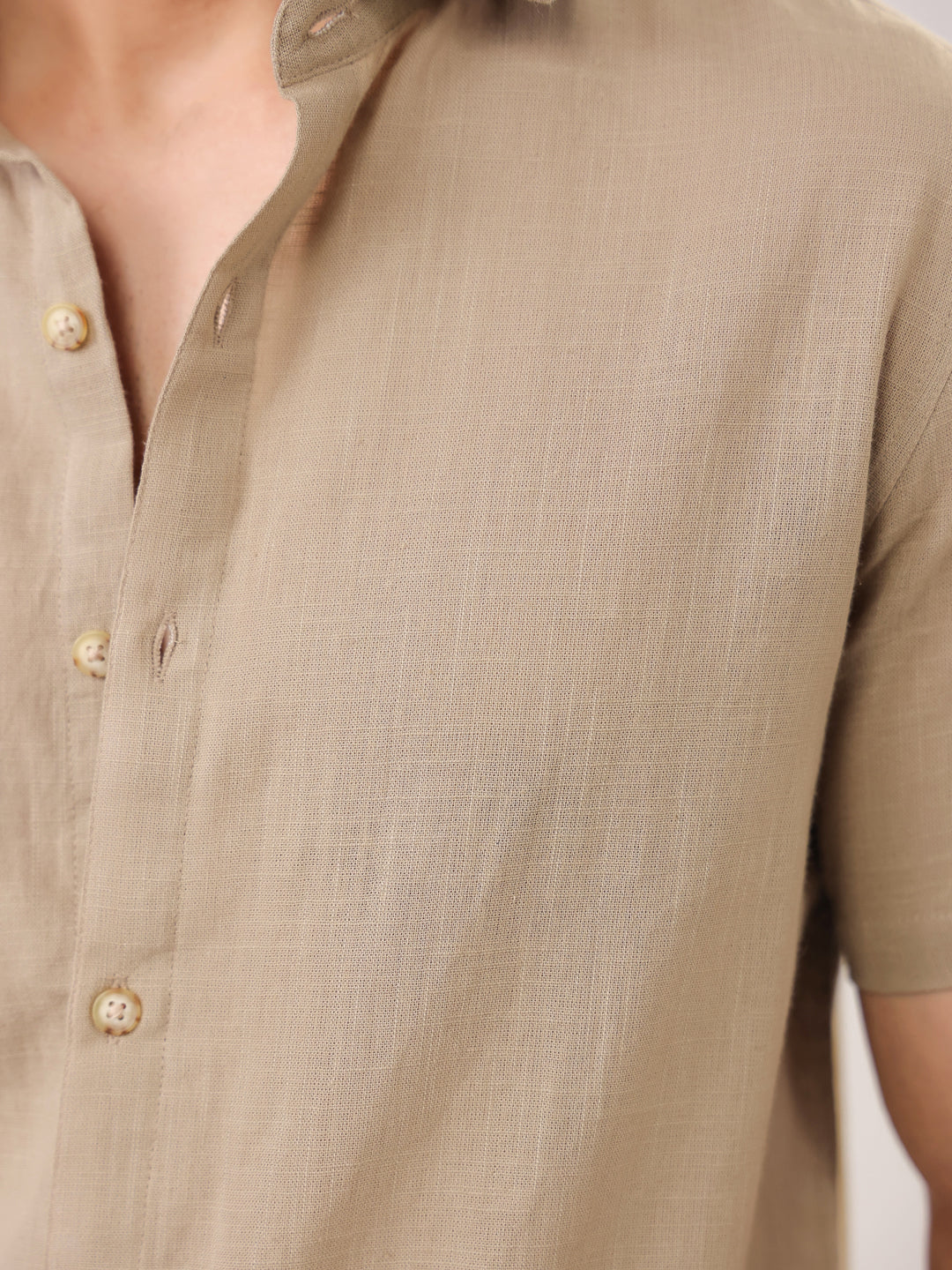 Beige Band Collar Cotton Solid Print Regular Fit  Men's Shirt