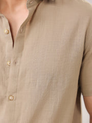 Beige Solid Band Collar Cotton Men's Shirt