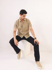 Beige Solid Band Collar Cotton Men's Shirt