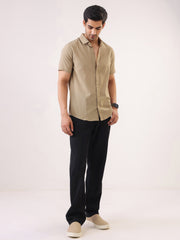 Beige Solid Band Collar Cotton Men's Shirt