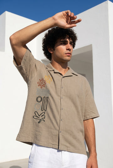 Grey Embroidred Cuban Collar Oversized Casual Cotton Men's Shirt