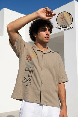 Grey Embroidred Cuban Collar Casual Cotton Men's Shirt