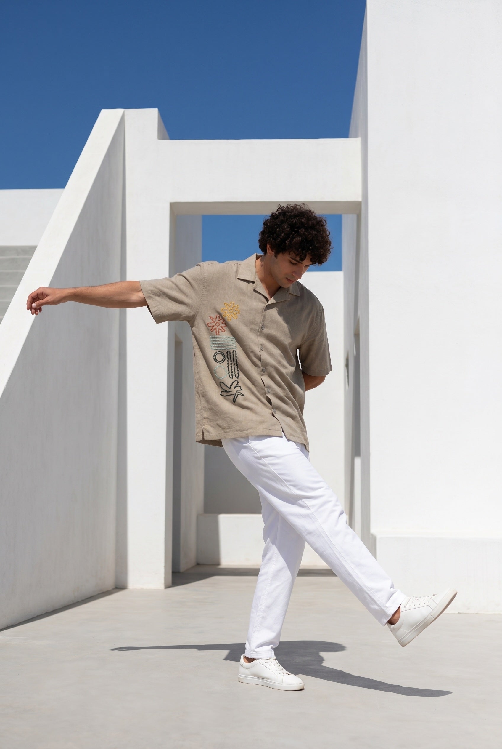 Grey Embroidred Cuban Collar Oversized Casual Cotton Men's Shirt
