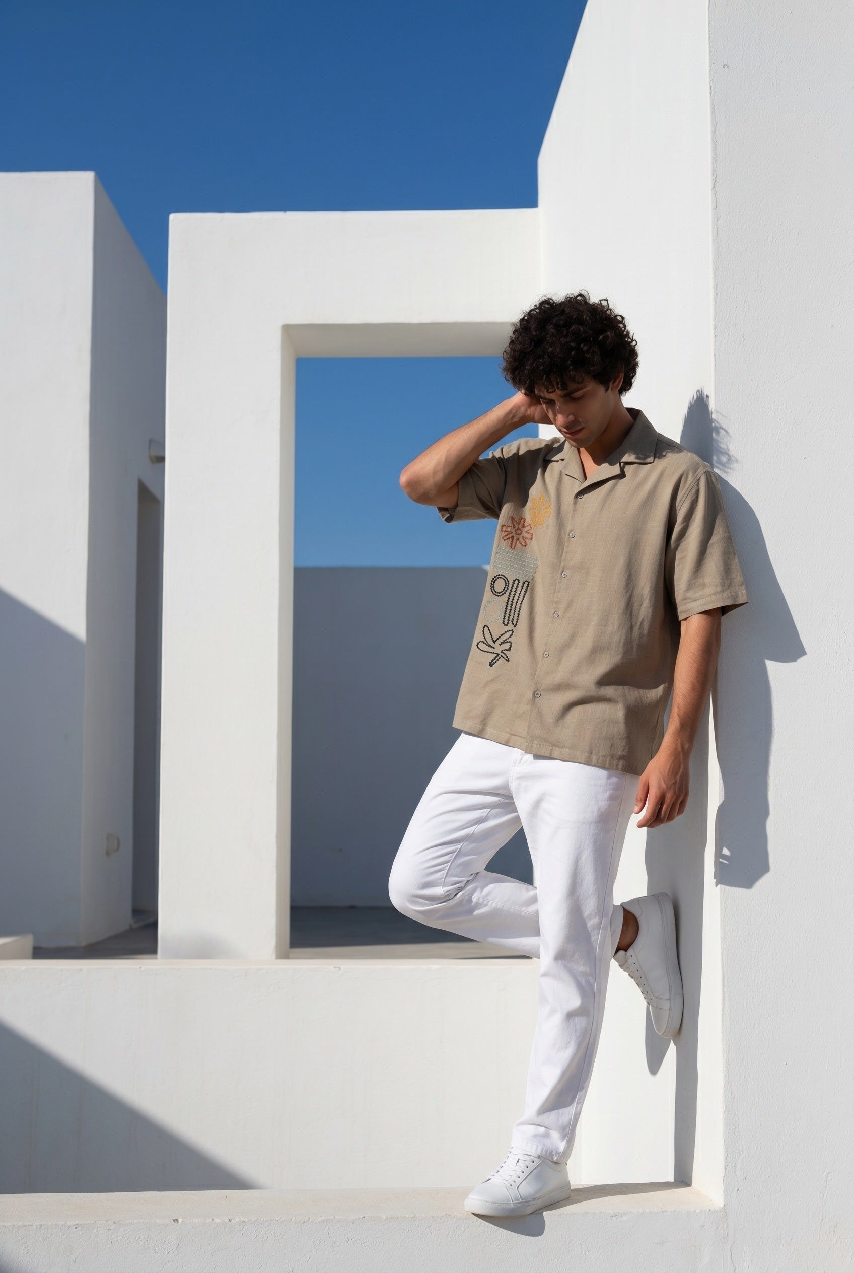 Grey Embroidred Cuban Collar Oversized Casual Cotton Men's Shirt
