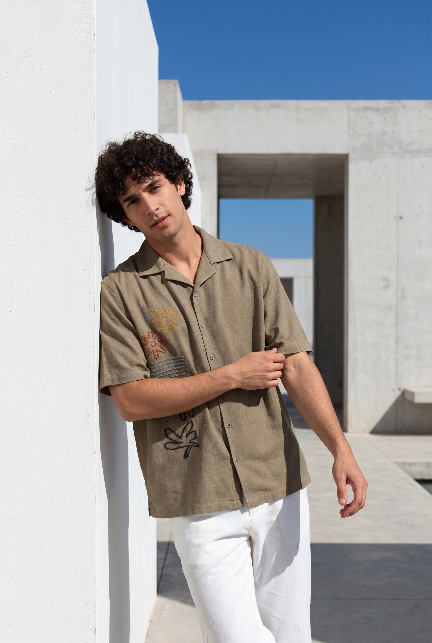 Grey Embroidred Cuban Collar Oversized Casual Cotton Men's Shirt