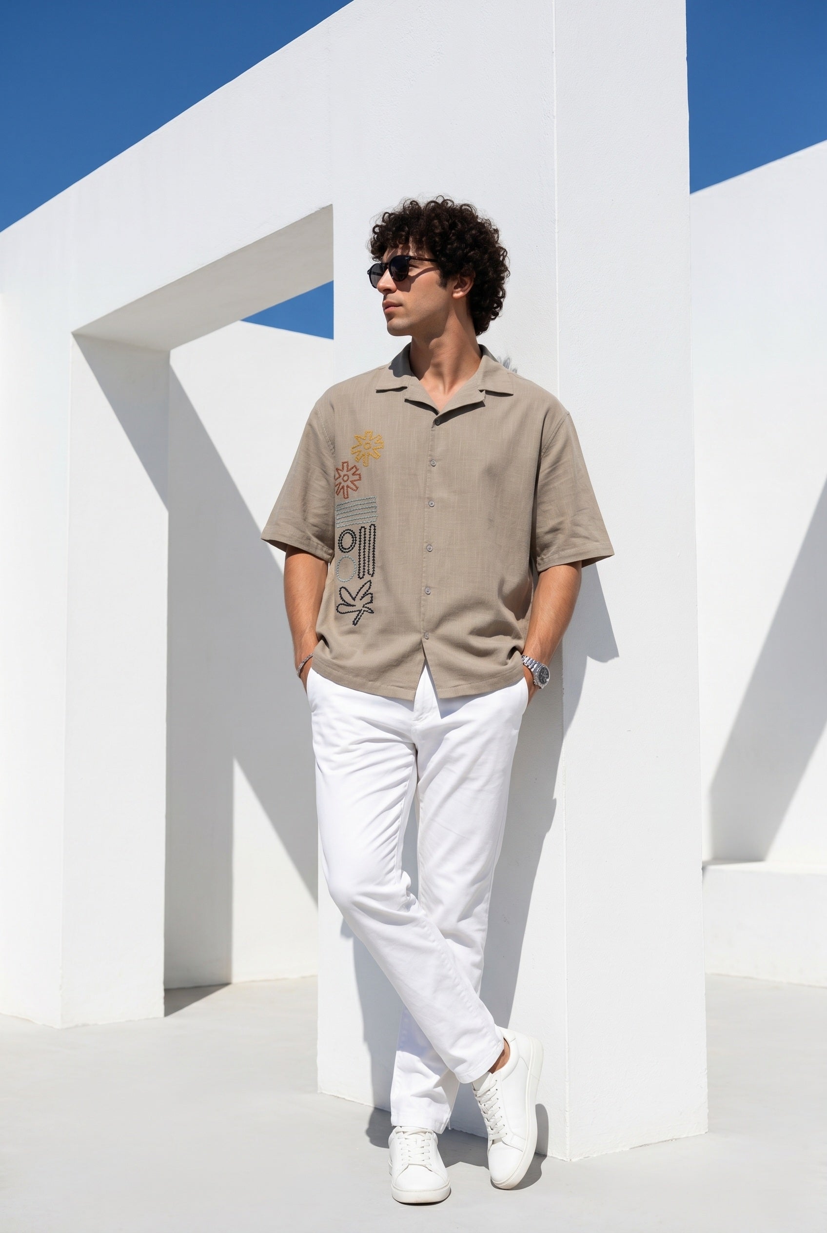 Grey Embroidred Cuban Collar Oversized Casual Cotton Men's Shirt